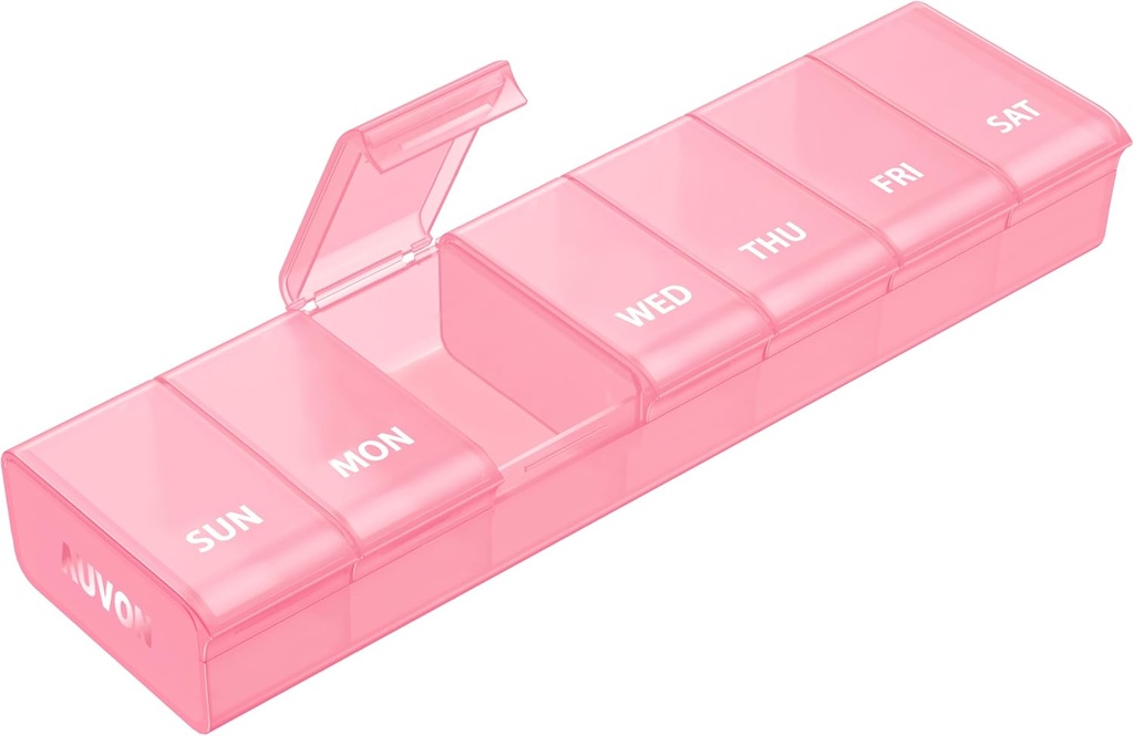AUVON Pink XL Weekly Pill מארגנת עם עיצוב פתיחה ללא מאמץ, תיבת גלולות ידידותיות דלקת פרקים, BPA-Free Pill מארגנת 7 ימים, חמוד ו- Portable Pill Case for ויטמינים, תוספים ותרופות