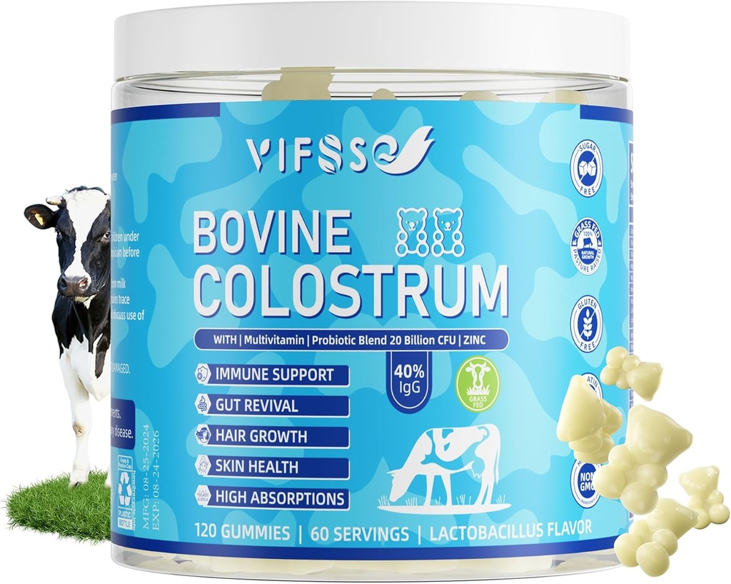 Grass Fed Colostrum תוסף 2000mg, 120 חניכיים סוכר חינם 40% IgG Bovine Colostrum Gummies + Probiotic, Multivitamin Etc for Immune Support, Gut Support, Hair & Skin