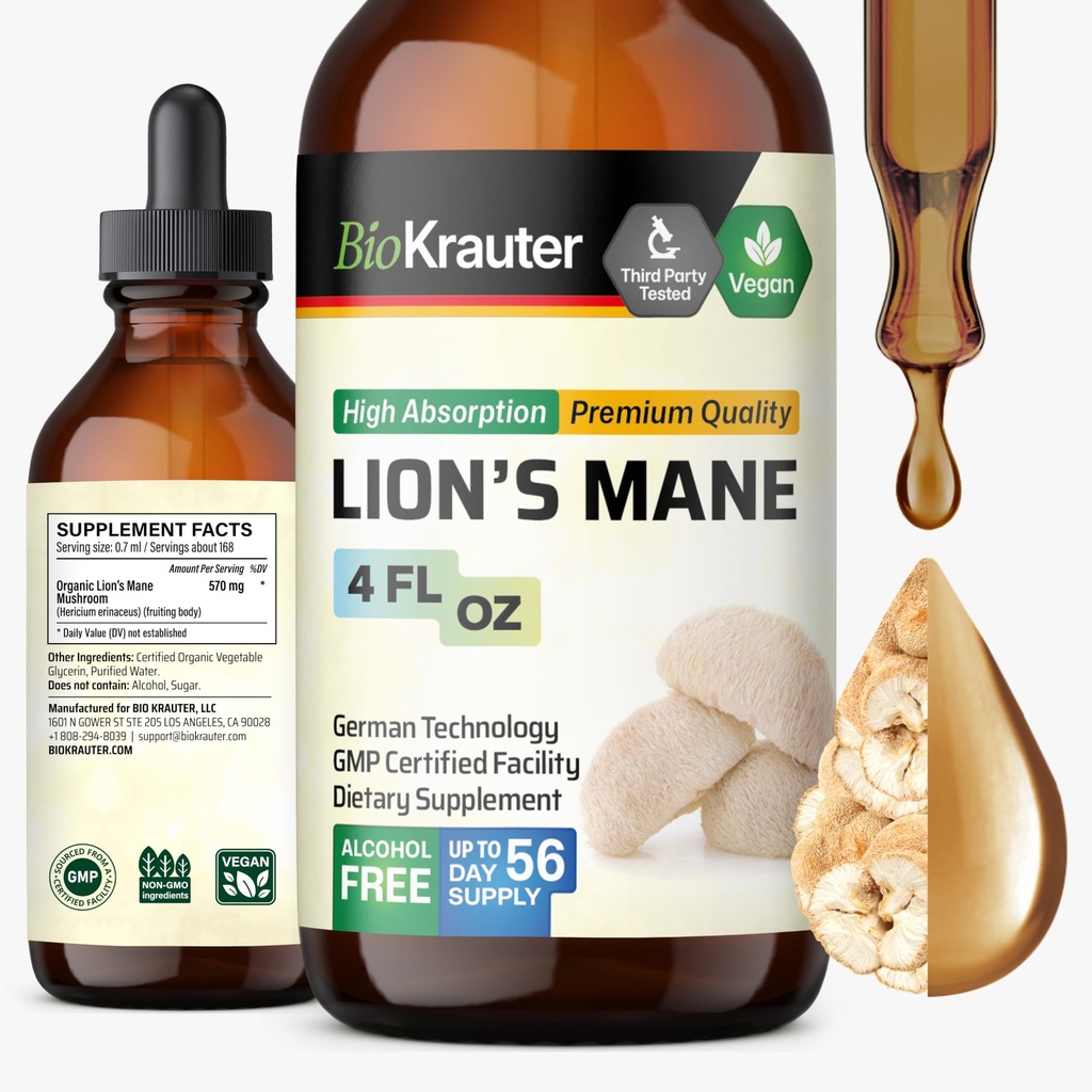 BIO KRAUTER Lions Mane Liquid Extracts - תוסף Mushroom לתמיכה במוח - טבעוני אריה מאנה תוספת - אלכוהול & סוכר טיפות חינם - 4 Fl.Oz.