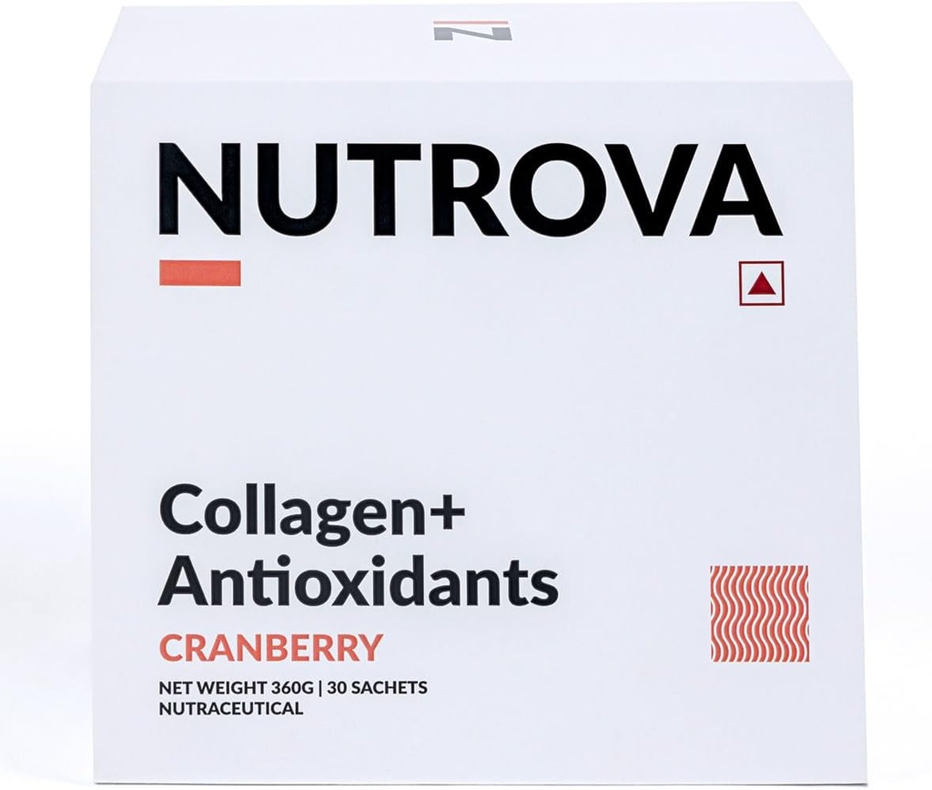 NUTROVA Collagen+ Antioxidants תוסף - של אבקת קולאז'ן מארינס לגברים ונשים, Increases Skin hydrotion, Reduces Skin damage, Exupports Healthy Skin,Hair & Nails, Cranberry, 1,30 משרתים