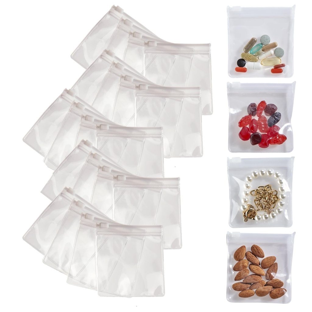 Smooth Trip Pill Bags for Travel - 24 Reusable Food Class Zip Top Pill Pouches for Medicine, ויטמינים, חטיפים ואביזרים - גדול יותר 3.25 x 3.5" גודל