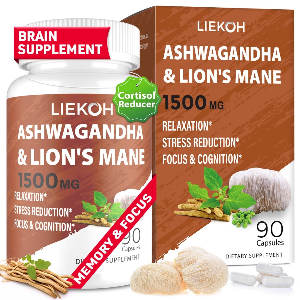 Ashwagandha & Lions Mane תוספי קפסולות, תוספי המוח עבור זיכרון להתמקד, Ashwagandha תוספת עם Rhodiola & Black פפpe, Cortisol תוספת לנשים וגברים,90 Caps Caps