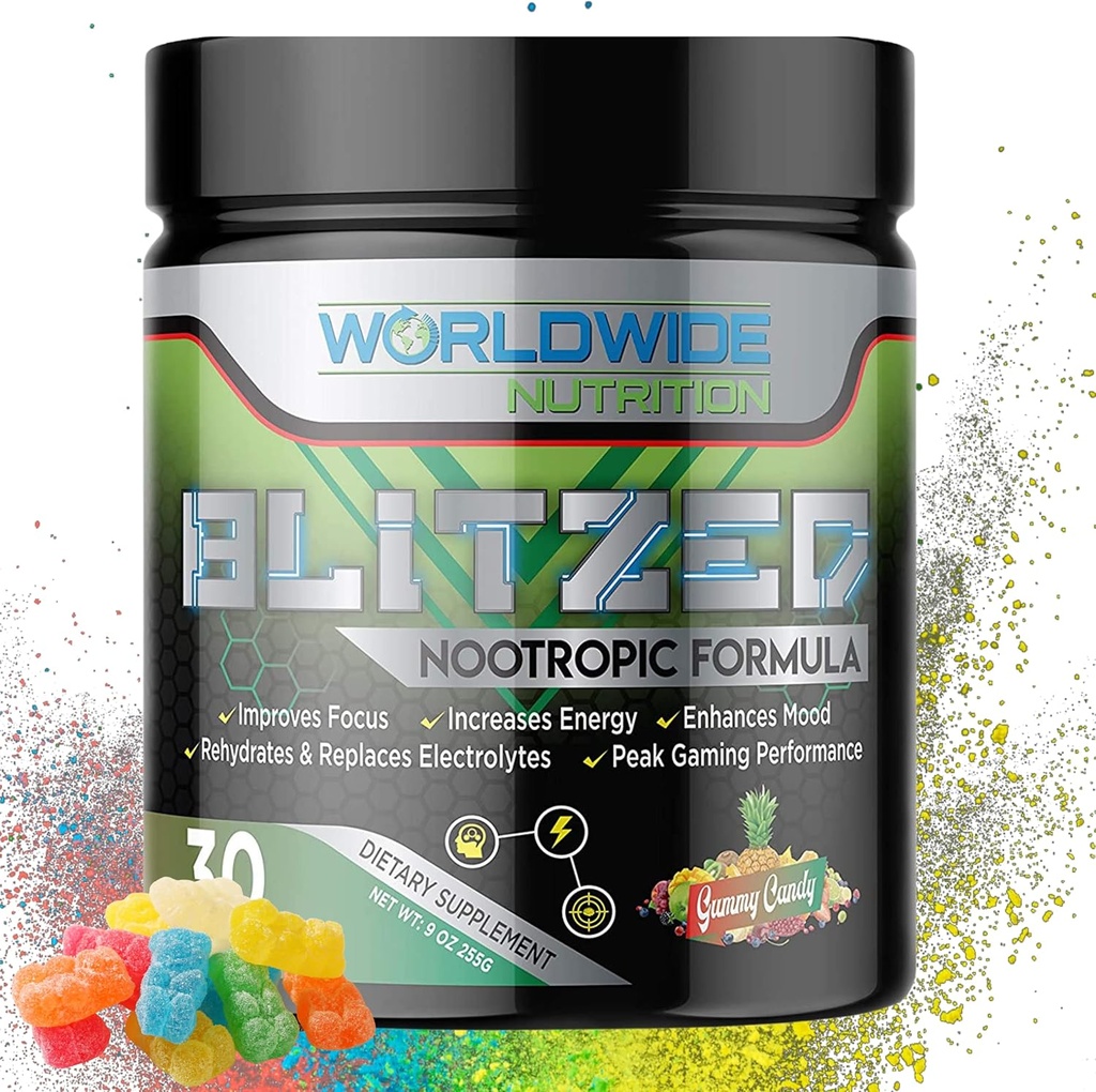 Global Nutrition Blitzed Nootropic פורמולה - כל אבקת משקאות אנרגיה טבעית - תוספי המוח עבור זיכרון ו פוקוס - להגביר את המיקוד אנרגיה תוספת - מסטיקמי ממתקים פלפור - 30 משרתים