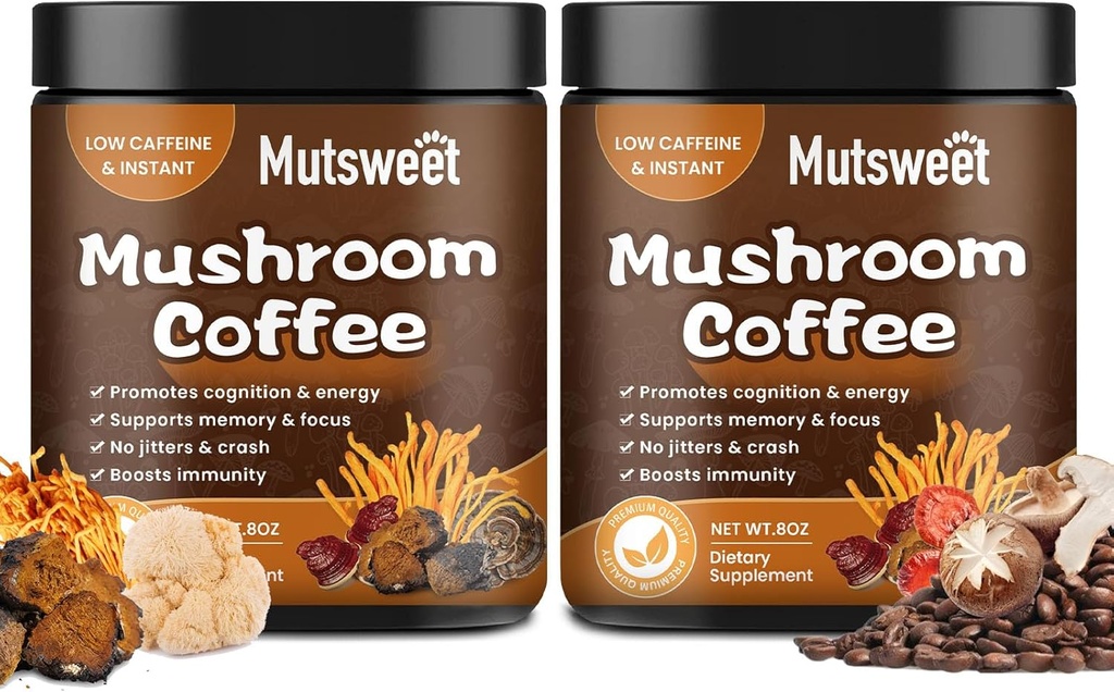 (2 Pack) Mushroom קפה עבור Smoothies / Latte, אבקת Mushroom (57 משרתים) עם Lions Mane, Reishi, Cordyceps, טורקיה Tail, Chaga - Mushroom תוסף עבור אנרגיה, Focus, Immune- 8 oz