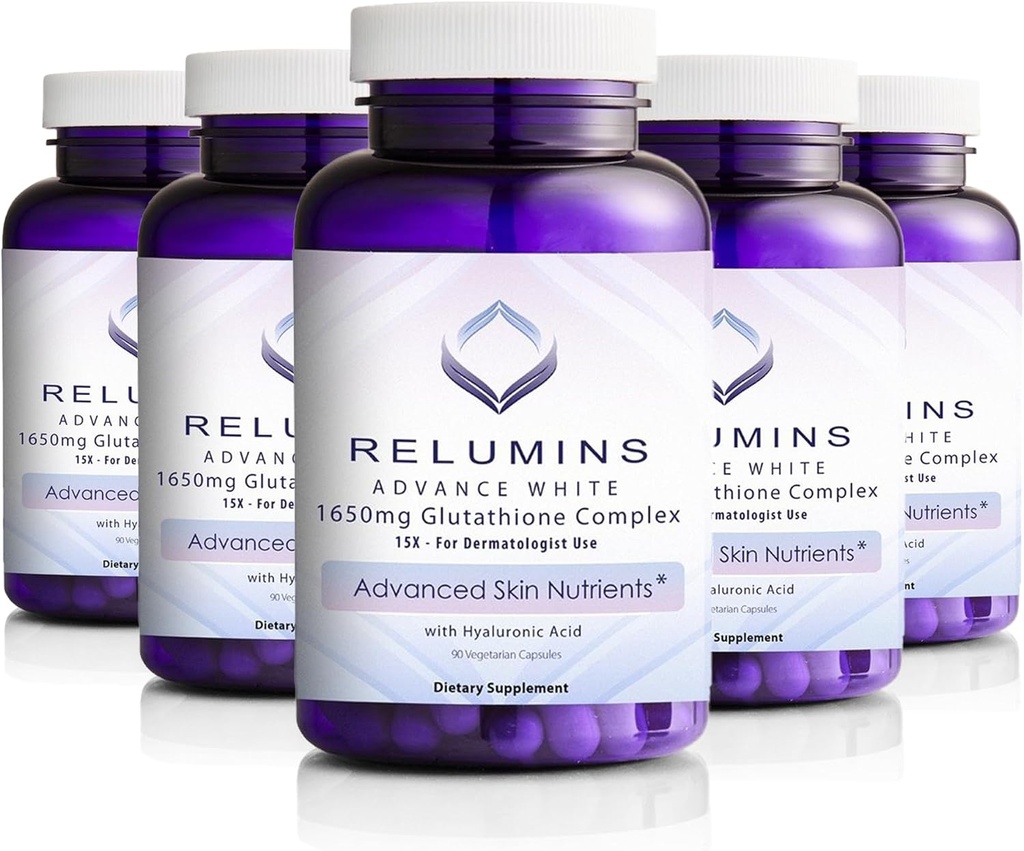Relumins 1650 מ"ג L-Glutathione Complex with Hyaluronic Acid, Alpha Lipoic Acid, Rose HIPS, ויטמין E & Riboflavin, תמיכה אנטי-חמצן, הידרציה עור ובטיחות, מיוצר בארה"ב - 90 קפסולות x 5 בקבוקים