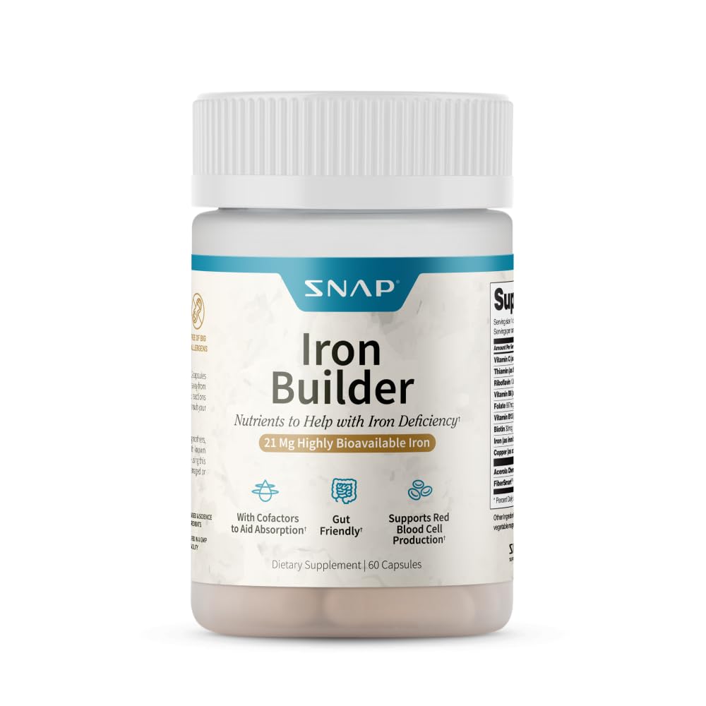 Snap Supplements Natural Iron Builders, 21mg Iron Pills כדי להגדיל את האנרגיה, Metabolism & Digestion, Absorbs במהירות ויטמינים אורגניים (60 קפסולות)