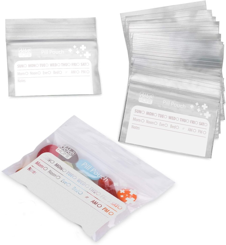 Deke Home - 100 Pack Clear Resealable Pill Bags (4x2.75 ב), Travel Medicine Pouches with Write-On תווית, BPA-Free Disposable Pill מארגנת עבור תרופות, ויטמינים ותוספים