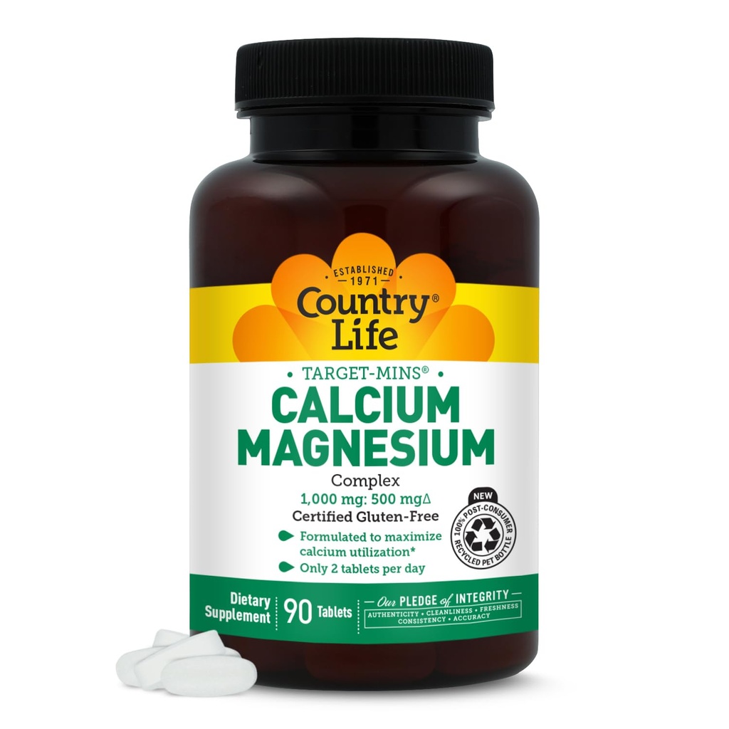 Country Life Target-Mins Calcium Magnesium Complex 1000 מ"ג / 500 מ"ג, 90 טבליות, מוסמך Gluten חינם, מוסמך טבעוני, מוסמך non-GMO מאומת