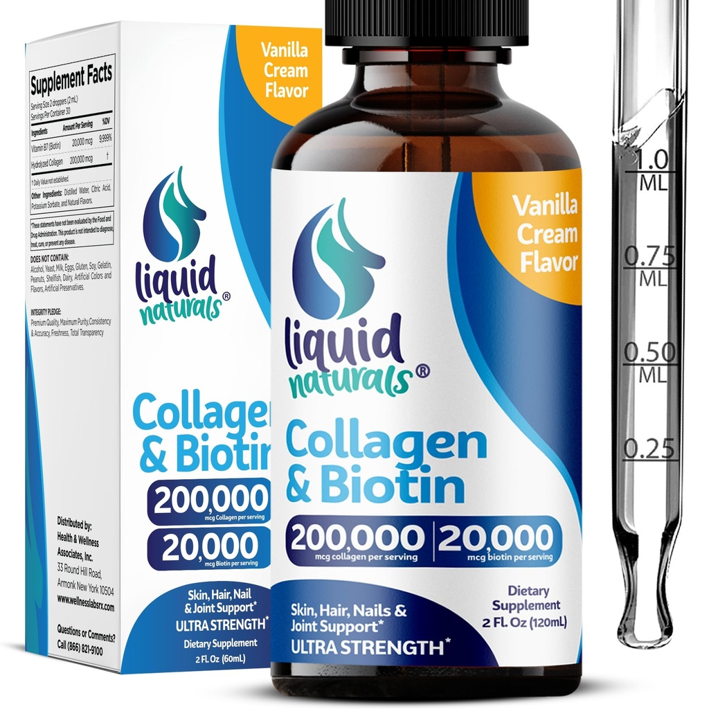 סוכריות נוזליות וביוטין, 2 Fl. Oz, Ultra-Strength Collagen תוספי לנשים, צד שלישי נבדק ביוטין עבור נשים צמיחה שיער, ריחות, ויטמין B7 Collageno פפtides - Vanilla Flavor