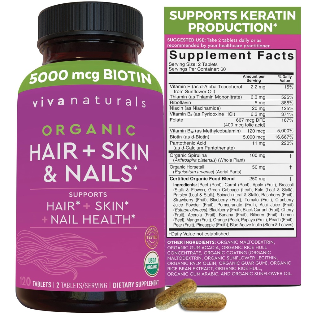 Biotin 5000 mcg Hair Skin נושה ויטמינים לנשים - אורגני וצמחוני - תוספת ידידותי עם ויטמין E, B-Vitamins, Spirulina, Horsetail ו Superfood בלגן כדי לעזור לייצר קרטין - 120 הרוזן הרוזן הרוזן