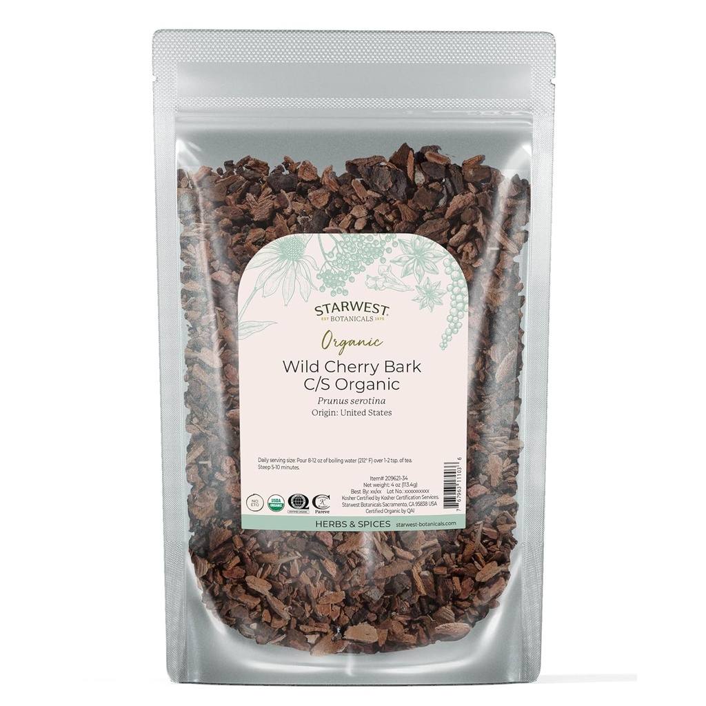 Starwest הבוטנים Wild Cherry Bark אורגני - Dried Free Leaf Herb for Tea, Syrup, and Natural Herbal בלנדרים, Prunus Serotina, Cut & Sifted, Certified Kosher, Non-GMO - 4 oz Pouch