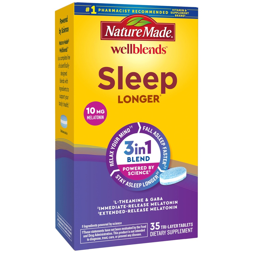 Nature Made Wellblends Sleep Longer, Melatonin 10 מ"ג, L האננין 100 מ"ג, ו GABA 100 מ"ג, תוספת שינה, 35 טבליות Tri-Layer