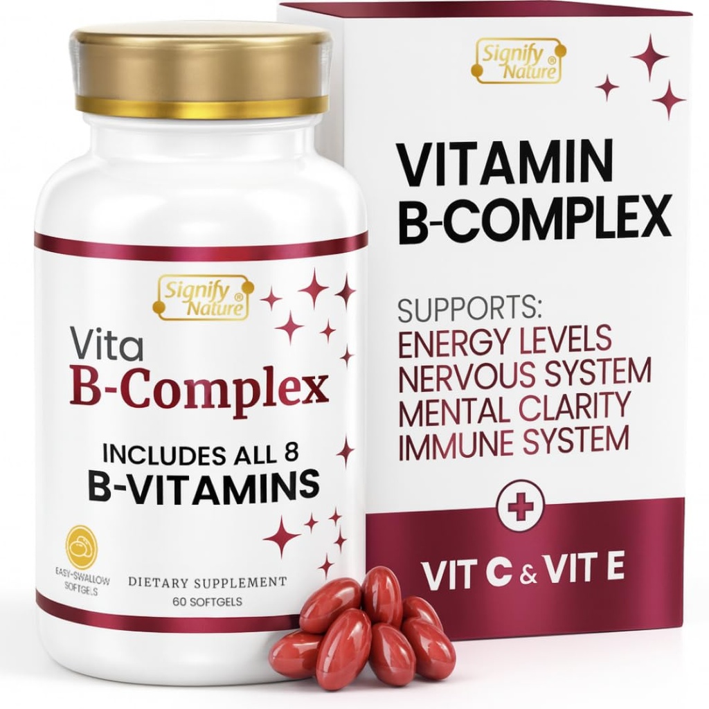 SIGNIFY NATURE VitaBComplex עם ויטמין C ו- E, B Complex ויטמינים לנשים וגברים, BComplex תוספים, VIT B1, B2, B3, B5, B6, B8, B9, B12, Super B Softgels - 60