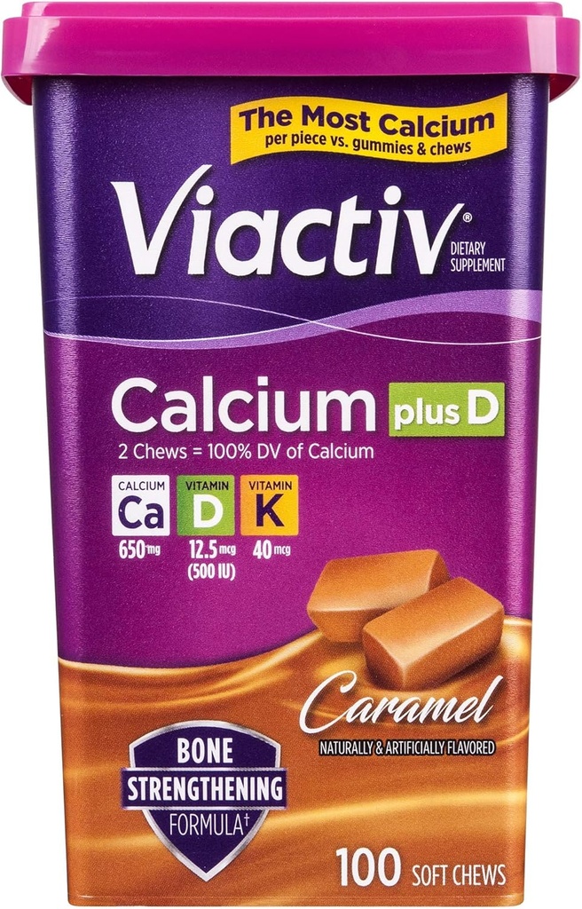 Viactiv Calcium Plus ויטמין D תוסף צ'יפס רך, קארמל, 100 הרוזן