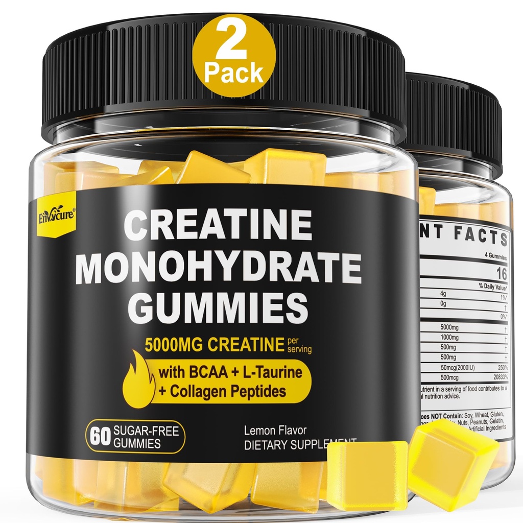 Creatine Monohydrate חניכיים עבור גברים ונשים - עם BCAA, Collagen Peptides, L-Taurine, ויטמין B12, D3, Chewables Creatine Monohydrate 5g פרי, לימון טבעי, סוכר חינם, 2 Pack חינם, 2 Pack חינם, 2 Pack