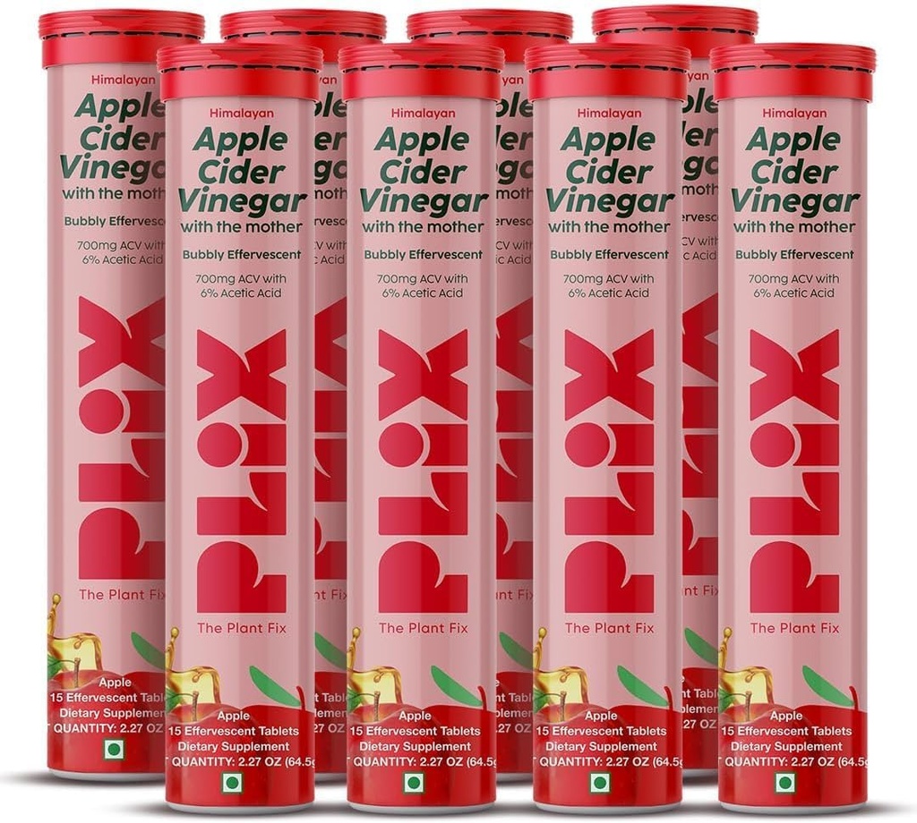 PLIX - The PLANT FIX Apple Cider Vinegar Efferscent Tablet with the Mother, 700 מ"ג ACV עם VIT B12, B6, Pack of 8 | Vegan, No added Sugar, non-GMO & Gluten-Free Free-Free