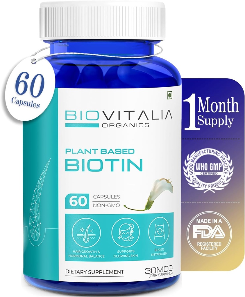 Plant Based Pure biotin תוסף קפסולות - תמיכה חזק יותר ציפורניים וצמיחת שיער עשיר עם Sesbania Grandiflora Sunflower Seeds Amla Beetroot & Spinach - 60 ואג קפסולות