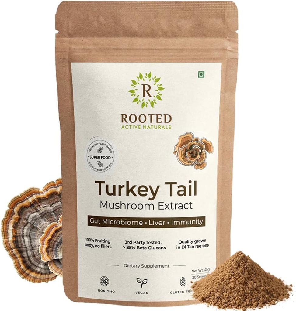 ROOTED אקטיבי של טורקיה Tail Mushroom אבקת לחלץ, USDA & האיחוד האירופי מוסמך אורגני: 35% Beta Glucans - מעבדה מאומתת | Gut Health, Liver, Immunity Support (2.11 Ounce)