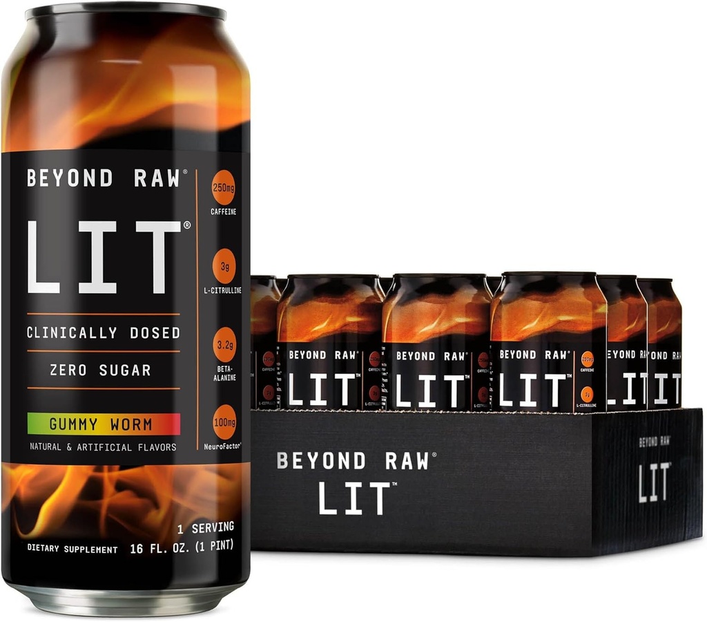 BeYOND RAW LIT Pre Workout, Gummy Worm, for Energy, Focus, Intensity and Pumps, עם Nitric Oxide Boost, Zero Sugar, 250 מ"ג קפאין עם אלן Betaine, 12 Cansss