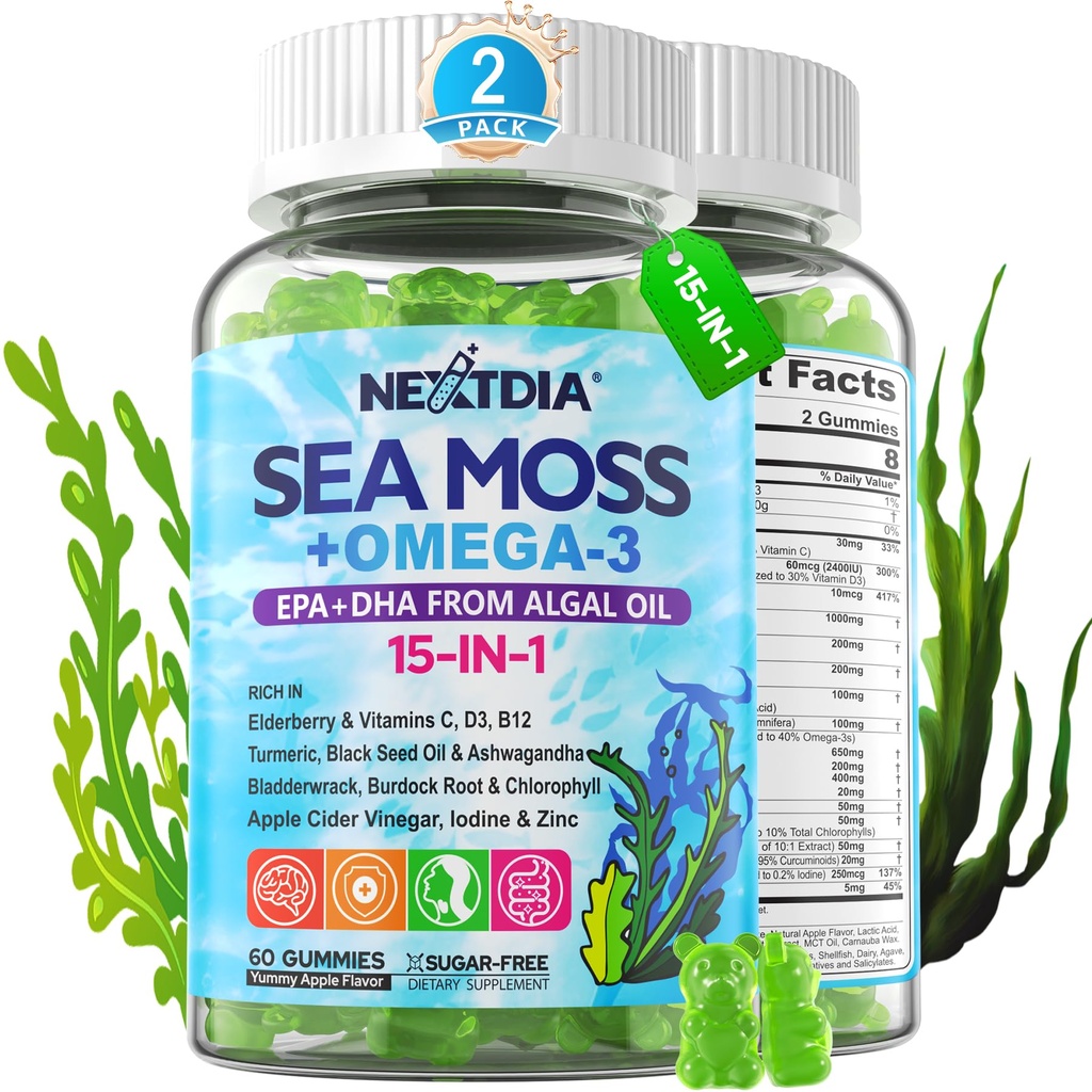 Sea Mosss Gummies + Algae אומגה 3 למבוגרים, 15IN-1 אורגני הים האירי Mosss Superfood עם / Vitamins C D3 B12, Turmeric, Bladderwrack, תומך אנרגיה, המוח, Immune, Daily Vitality, Sugar-Free, 120 Cts