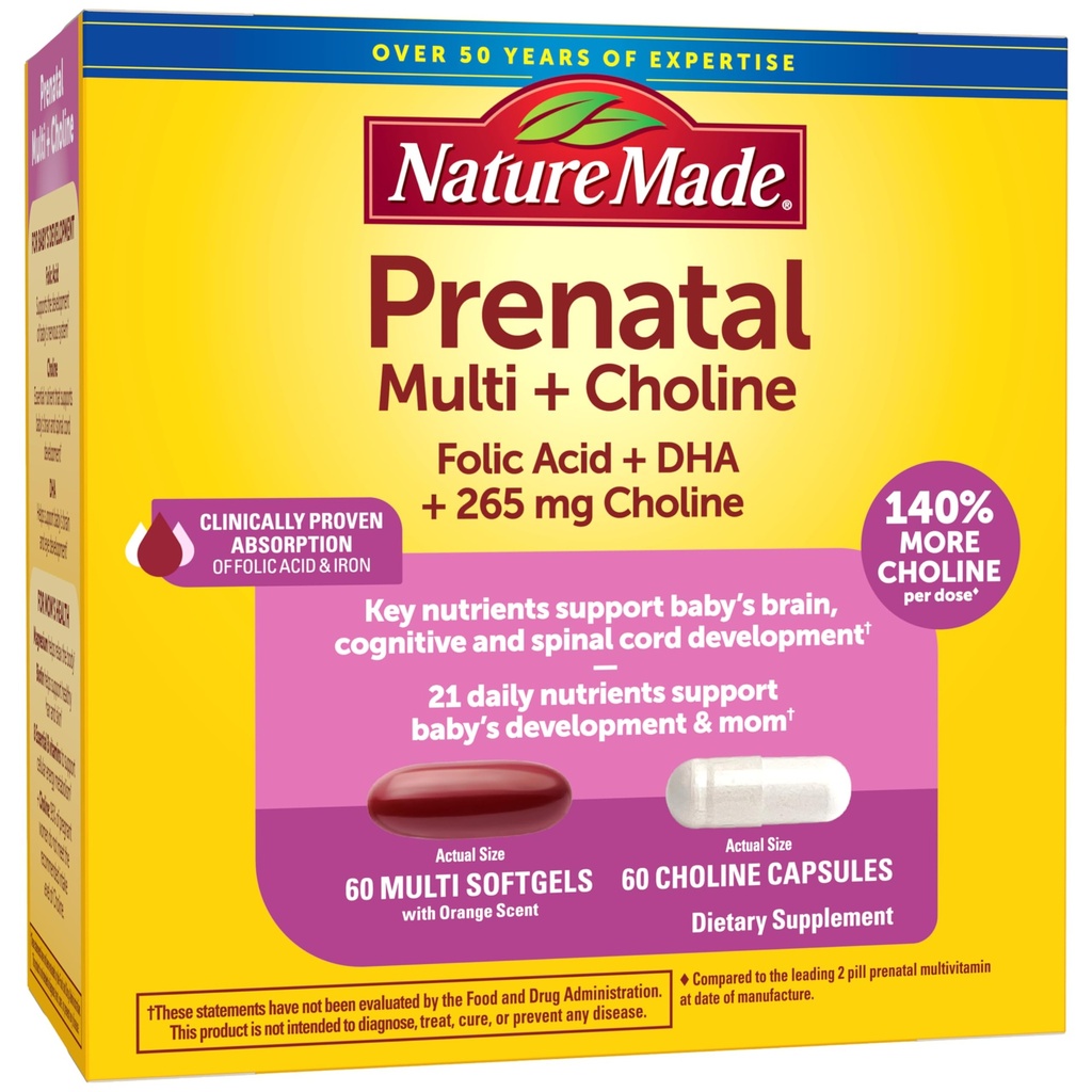 Nature Made Prenatal ויטמין Softgels + Choline קפסולות, Folic Acid + DHA + Choline, 60 ויטמינים טרום לידתי לנשים, 60 קפסולות תוספי צ'וליין, 60 יום אספקה