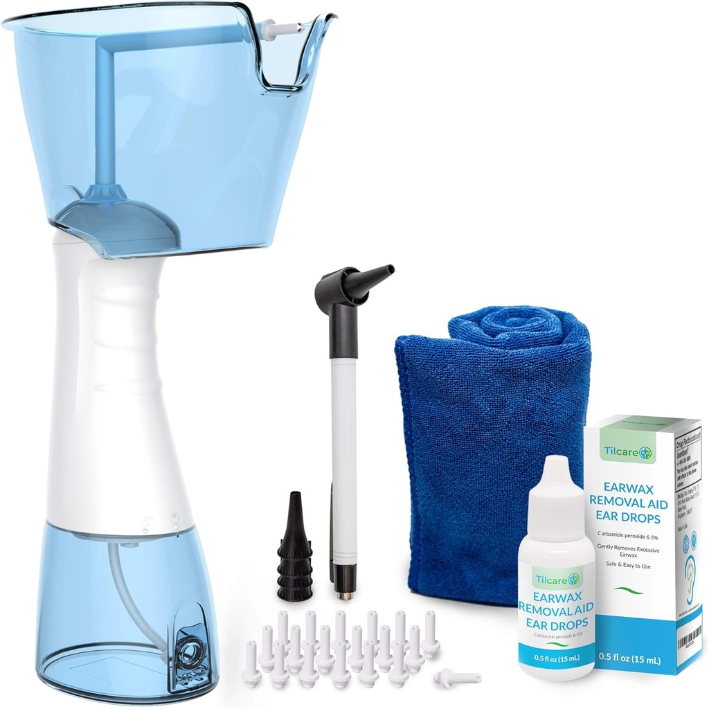 אוזן חשמלית Wax Removal Kit על ידי Tilcare - מכונת ניקוי אוזניים טעינה עבור אי השקיה האוזן - אוזן מלאה קלטת עבור מבוגרים וילדים - מערכת Lavage עם טיפות אוזניים, Otoscope, towel & 30 טיפים