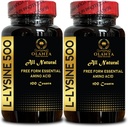 L-LYSINE 500 - Natural Supplement Promoting Stress Support & Nervous System Health, L-Lysine HCl, Daily lysine intake, Energy Production, Amino Acid Vitamin Supplement - 2 Bottles 200 Counts