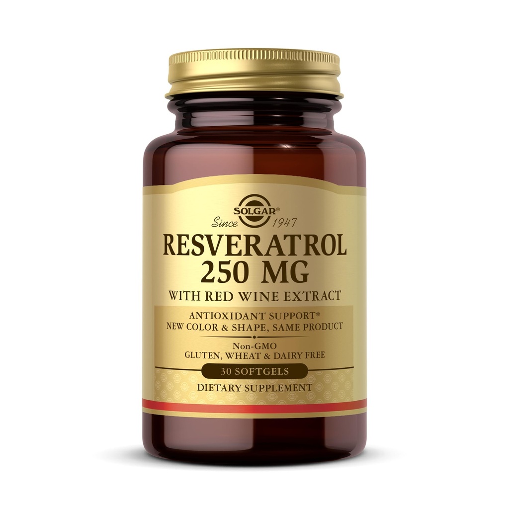 Solgar Resveratrol 250 מ"ג עם Red Wine Extract - 30 Softgels - Antioxidant Support - non-GMO, Gluten Free, חלב חינם - 30 מנות