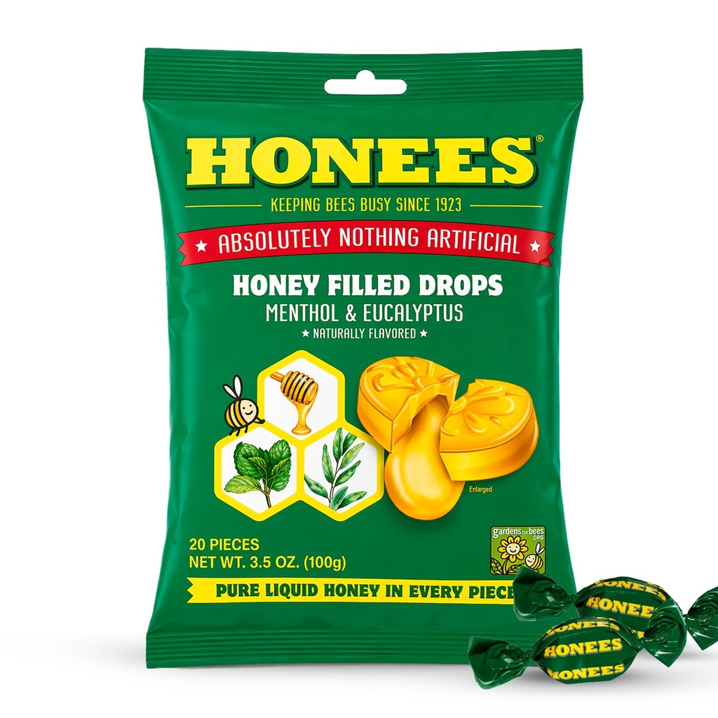 Honees Honey Menthol Cough Drops - 20Piece, Single Pack Honey-Filled Lozenges | סיוע זמני מ Cough | Soothes Soreגרון