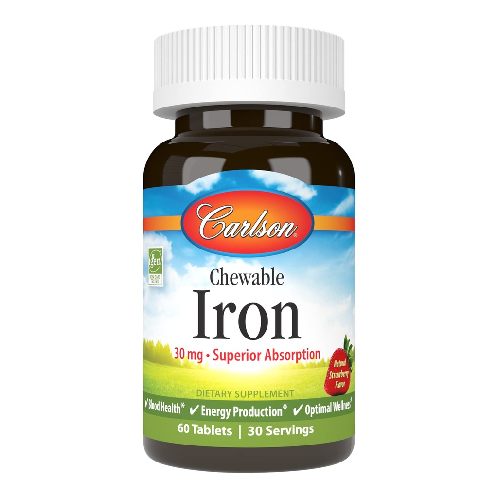 קרלסון - Chewable Iron, 30 מ"ג, Absorption העליון, Blood Health, Energy Production & Optimal Wellness, Natural Strawberry Flavor, 60 טבליות