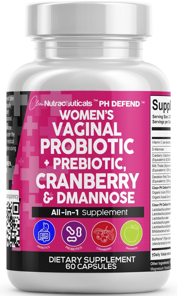 Nutraceuticals Vaginal Probiotics for Women with Cranberry, D-Mannose, Prebiotics, pH Balance Support, Feminine Health, Urinary Tractse - קפסולת לחניכיים - 60 הרוזן