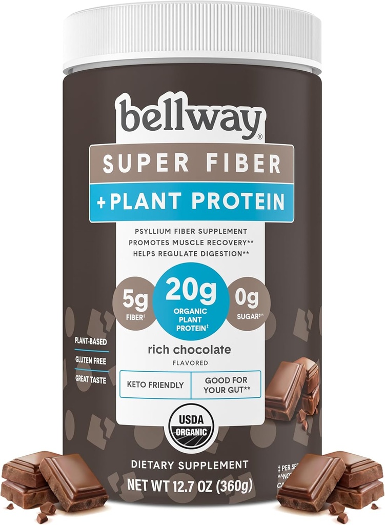 Bellway Super סיבים + אבקת חלבון, סוכר חינם אורגני Psyllium Husk סיבים אבקת עם 20g Plant חלבון Per המשרת, שוקולד עשיר, 12.7 oz
