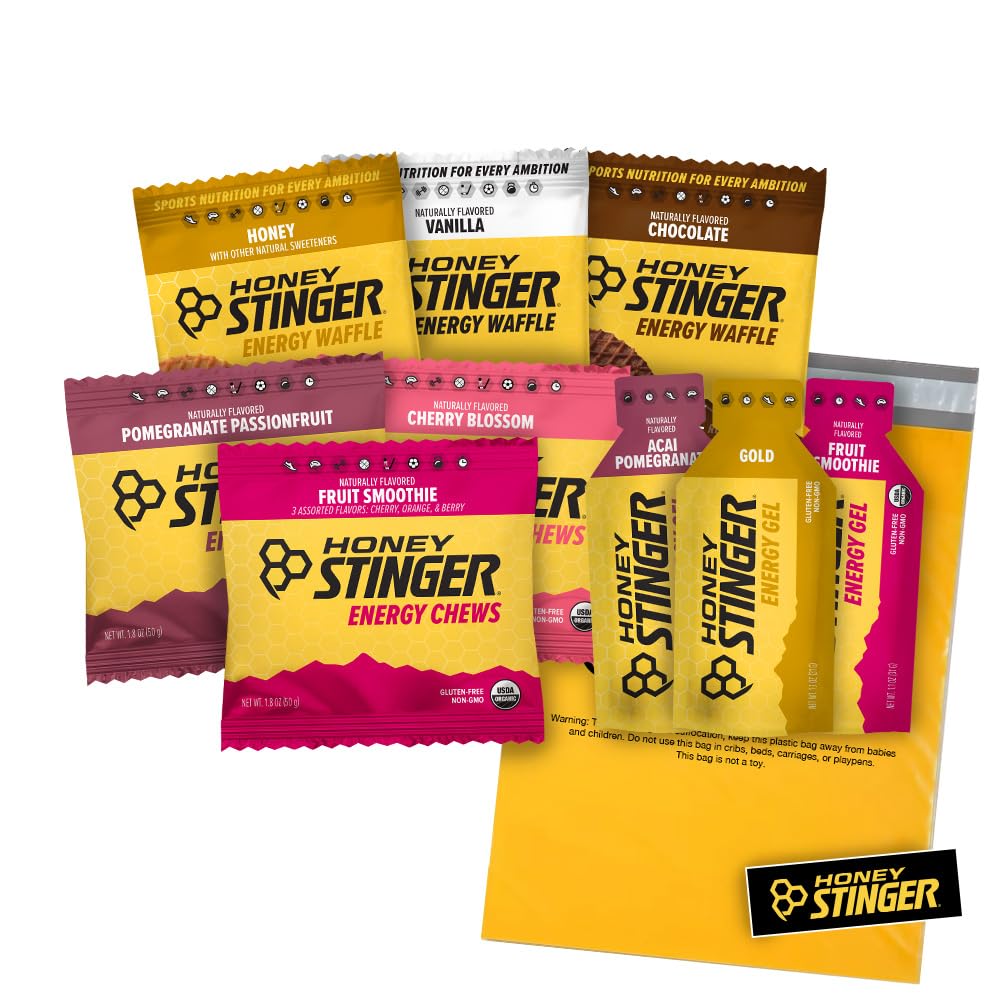 Honey Stinger Training Kit - 9 Count Plus Sticker ו- Polybag - מקור אנרגיה עבור כל פעילות - 3 Waffles אורגני, 3 Packs של אנרגיה Chews & 3 אנרגיה Gels