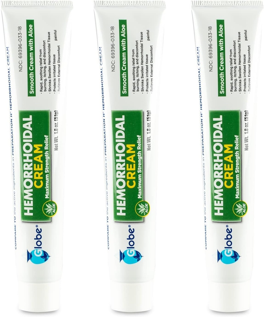Globe (3 Pack) hemorrhoid Cream, הקלה עם Aloe, (1.8 Ounce Tube) הקלה מן טחורים, פילאטיס, גירוד, Burning, Discomfort ועוד