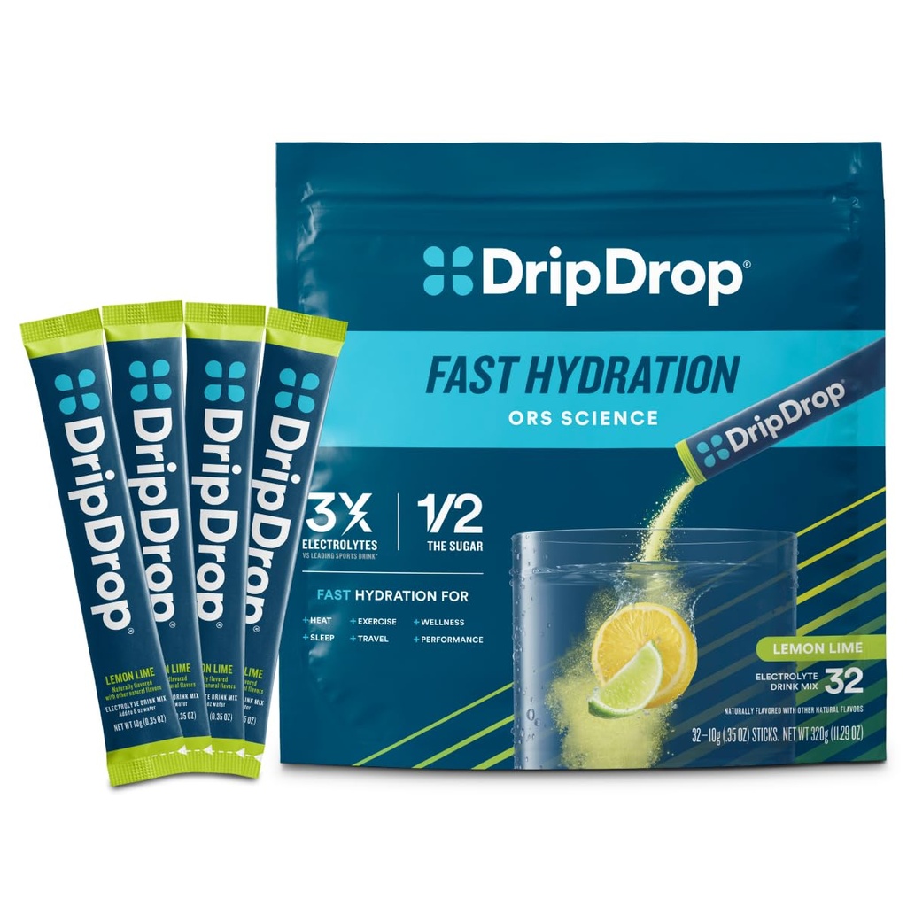 DripDrop hydrotion Packets - Lemon Lime - Single Serve Electrolytes אבקת משקה Mix - non-GMO, Gluten Free, טבעוני - 32 Sticks