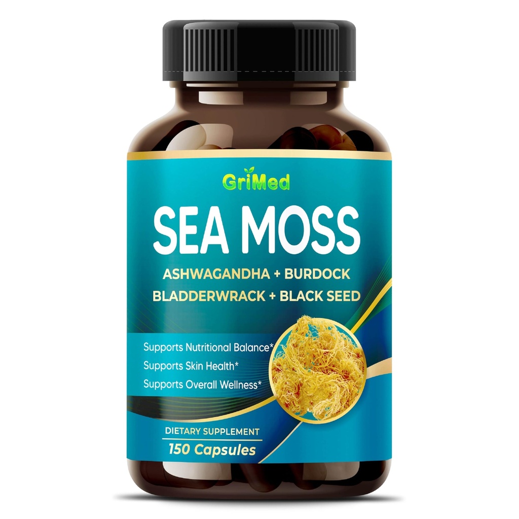 Premium Sea Moss with Ashwagandha, Burdock Bladderwrack, Black Seed for Immune System, Skin, Digest & Energy- Made in the USA (150 Count (Pack of 1))
