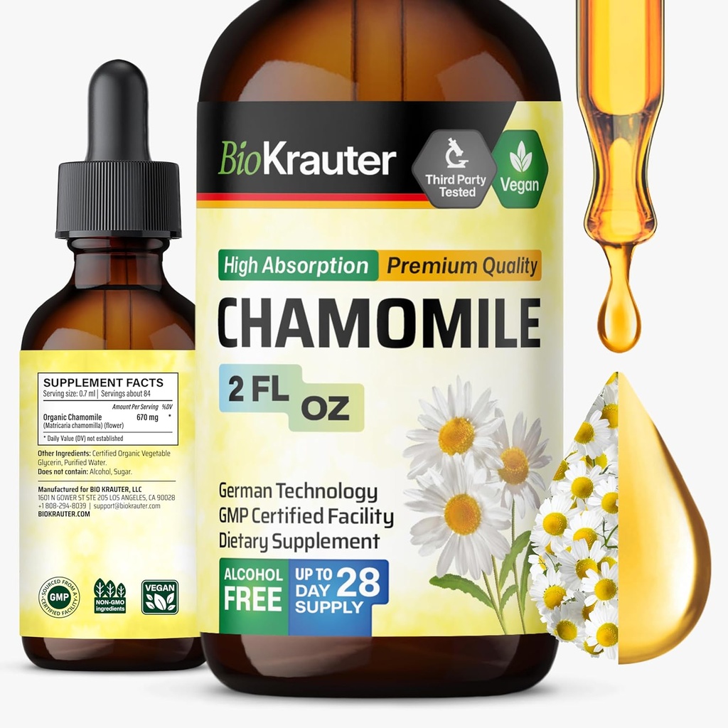 BIO KRAUTER Chamomile Flowers Tincture - Chamomile Extract - Contains Apigenin - תוספת של רגיעה ובטיחות תמיכה - אלכוהול וסוכר חינם - טיפות טבעוניות 2 Fl.Oz.