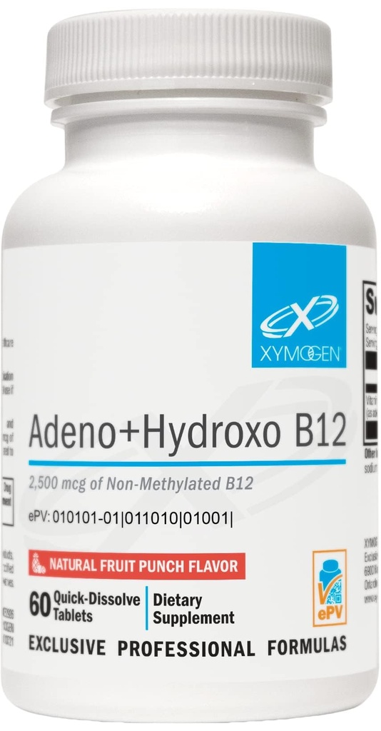 XYMOgen Adeno+Hydroxo B12 - Non-Methylated (2,500mcg) - Quick-Dissolve B12 Lozenges עם Adenosylcobalamin B12 + hydroxocobalamin - תמיכה קוגניטיבית, פירות Punch Flavor (60 טבליות)
