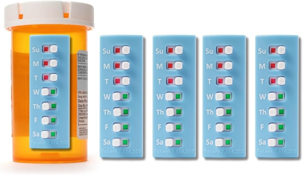 Take-n-Slide Peel and Stick Reusable for 12 + Refills, Pill/Medication/Vitamin/Pet Med Tracker &תזכורתer, המצורף לבקבוק שלך, מאורגן ללא תשלום, Curved-Back (כחול, 5Pack)