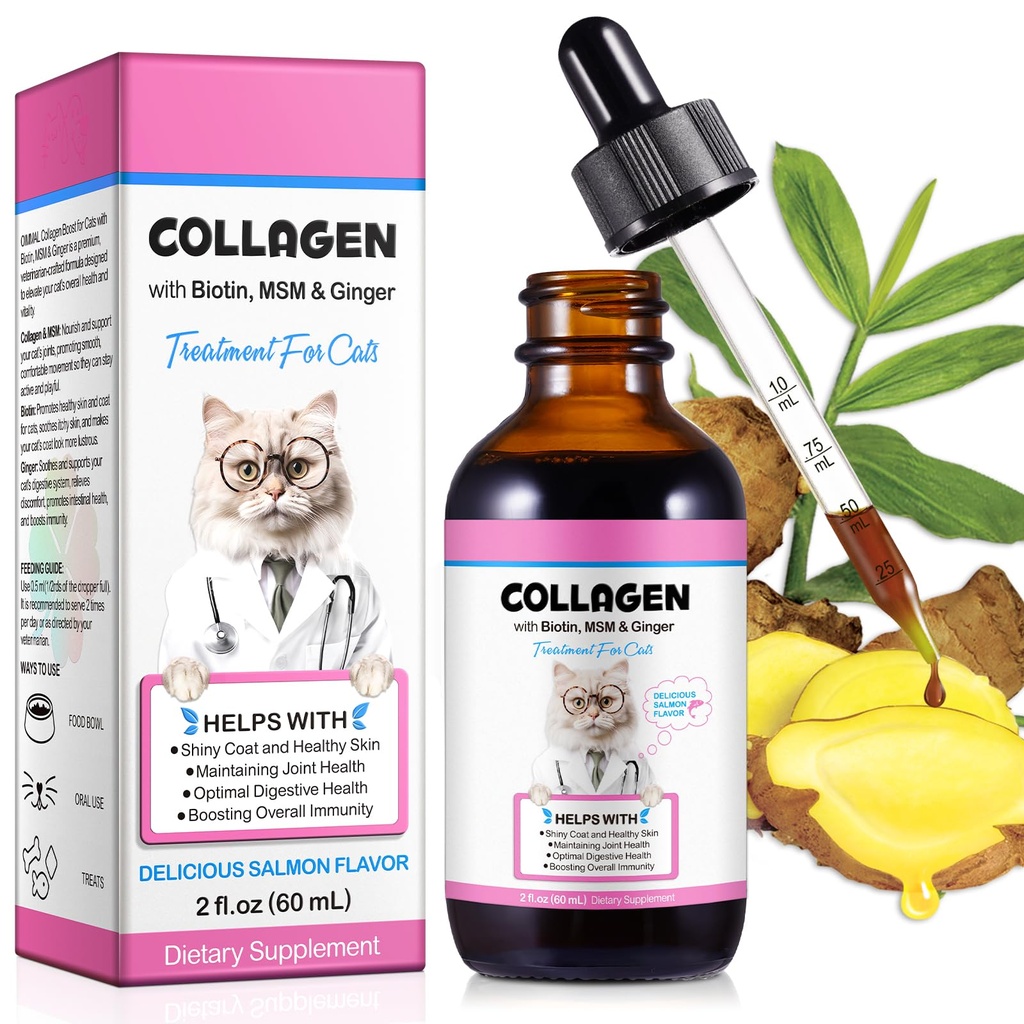 קולג'ן לחתולים, Cat Collagen Liquid Drops for Cats with Biotin, MSM & הג'ינג'ר Digestive & Immunity Support, Itch Relief, Skin & Coat and Joint Health, Cat 60 מ"ל