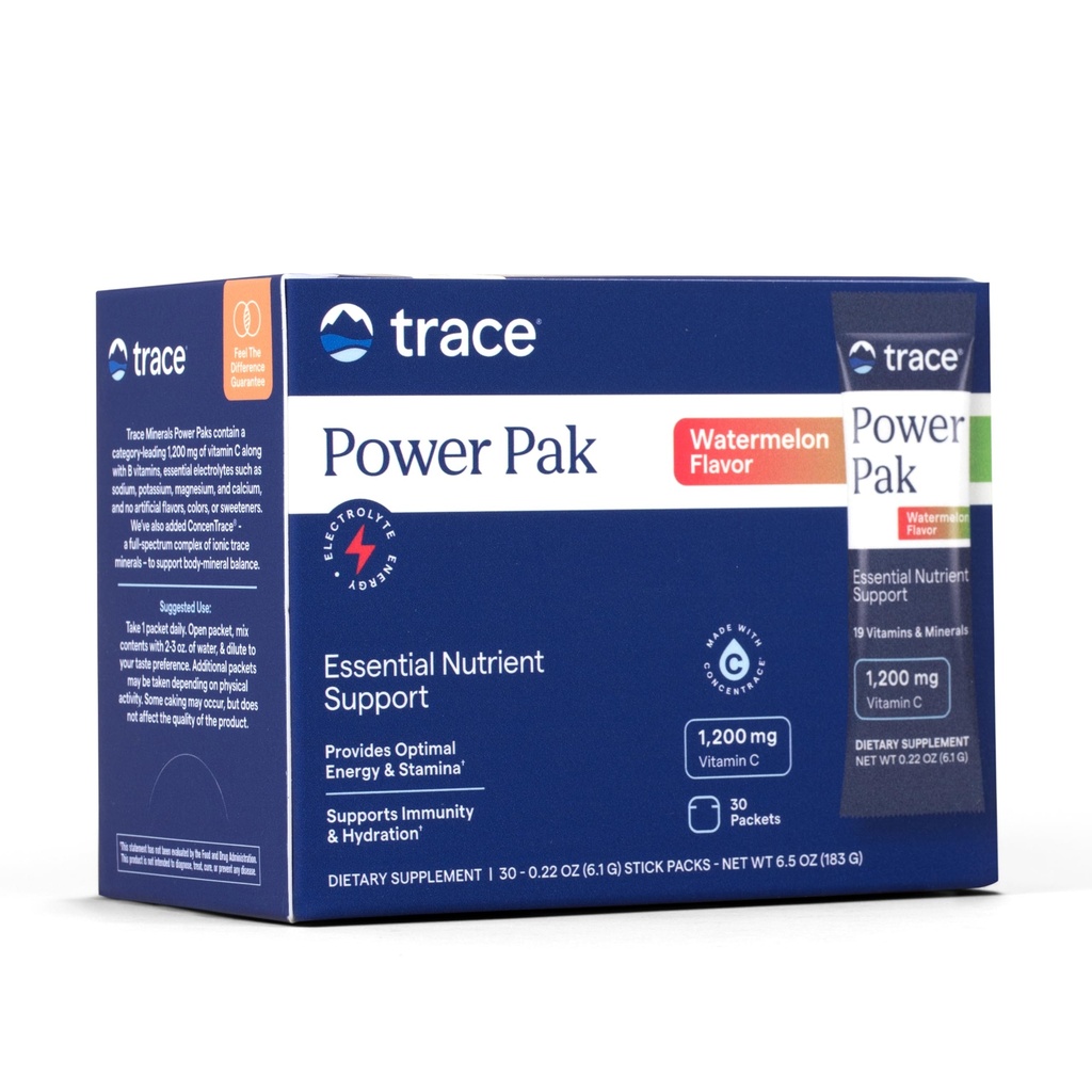Trace מינרלים Power Pak - Multivitamin Packets עבור תמיכה תזונתית חיונית - הידרציה, חסינות ואנרגיה - ויטמינים טבעיים ומינרלים - Watermelon Flavor - 30 Packets