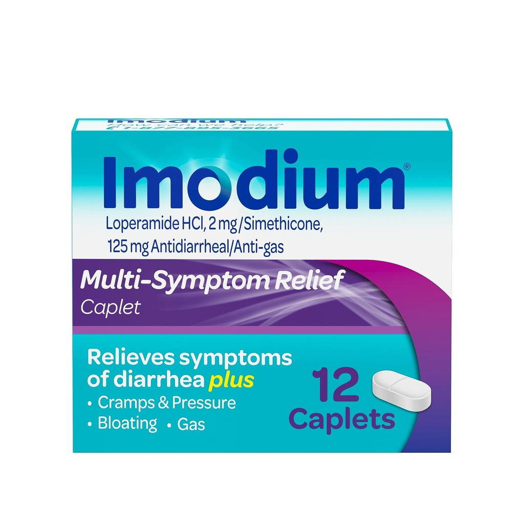 Imodium Multi-Symptom Relief Caplets, Loperamide hydrochloride & Simethicone Anti-Disarrheal Medicine for Relief of Diarrhea, Gas, Bloating, Cramps & Stress, HSA/FSA Eligible, 12 ctheal Medicine