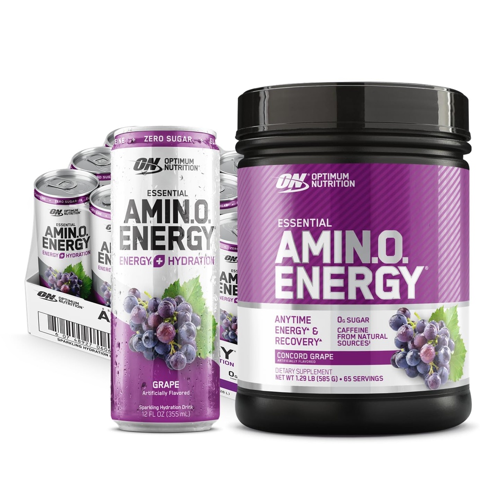 אבקת אנרגיה אופטימוסממים Amino Energy אבקה: קונקורד גראפ (65 מנות) עם משקאות אמנויים חיוניים פלוס אלקטרוליס Sparkling Drink: Grape (12 Cans) - Bundle Pack