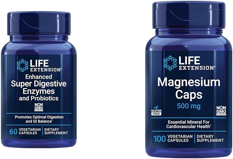 החיים מרחיבים 60 קפסולות צמחוניות שיפרו את Super Digestive Enzymes & Probiotics ו -100 קפסולות מגנזיום ללב, העצמות, תמיכה במטבוליזם
