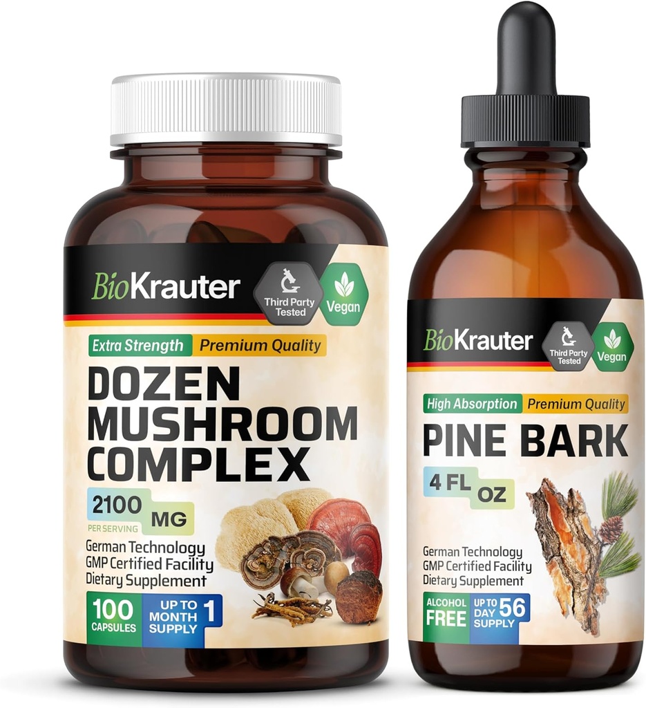 BIO KRAUTER Dozen Mushroom 100 כמוסות & Pine Bark Tincture 4 Fl. Oz.