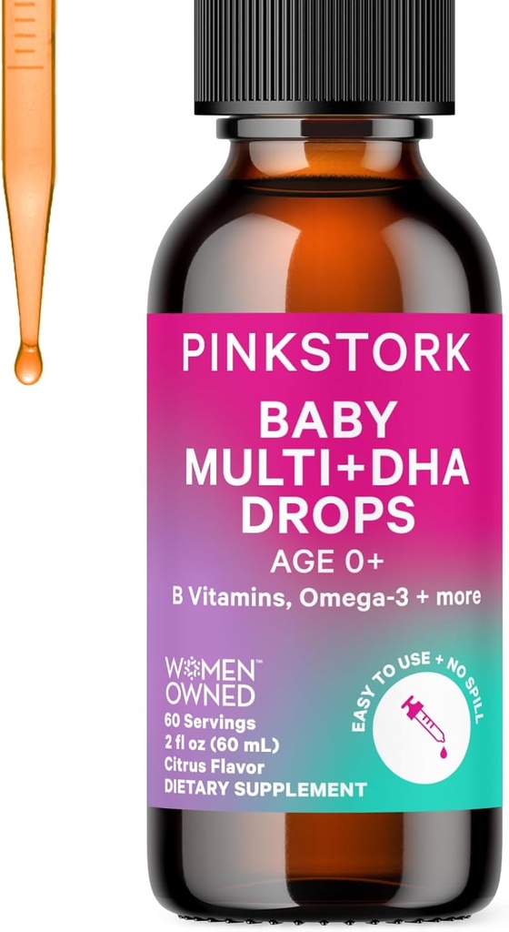 Pink Stork Baby Liquid Multivitamin Drops, Baby & טודלר ויטמין טיפות עם DHA, ויטמין C, B12 ו- Choline כדי לתמוך בבריאות המוח ותפקוד החיסון - 2 oz, 2 חודש אספקה