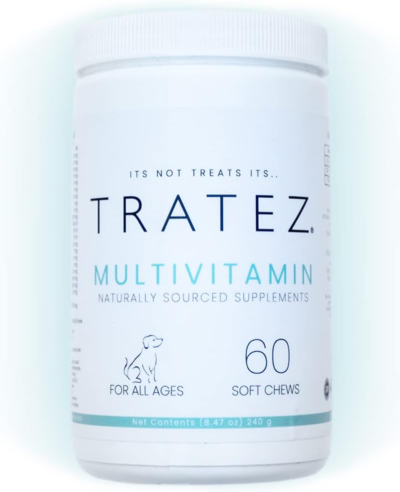 תוספי Multivitamin לכלבים, 60 צ'אדות רכה עם 25 ויטמינים חיוניים וחומרים מזינים, פורמולה מתקדמת לתמיכה Premium של העור וקואט, היפ וניידות משותפת ושיפור העיכול