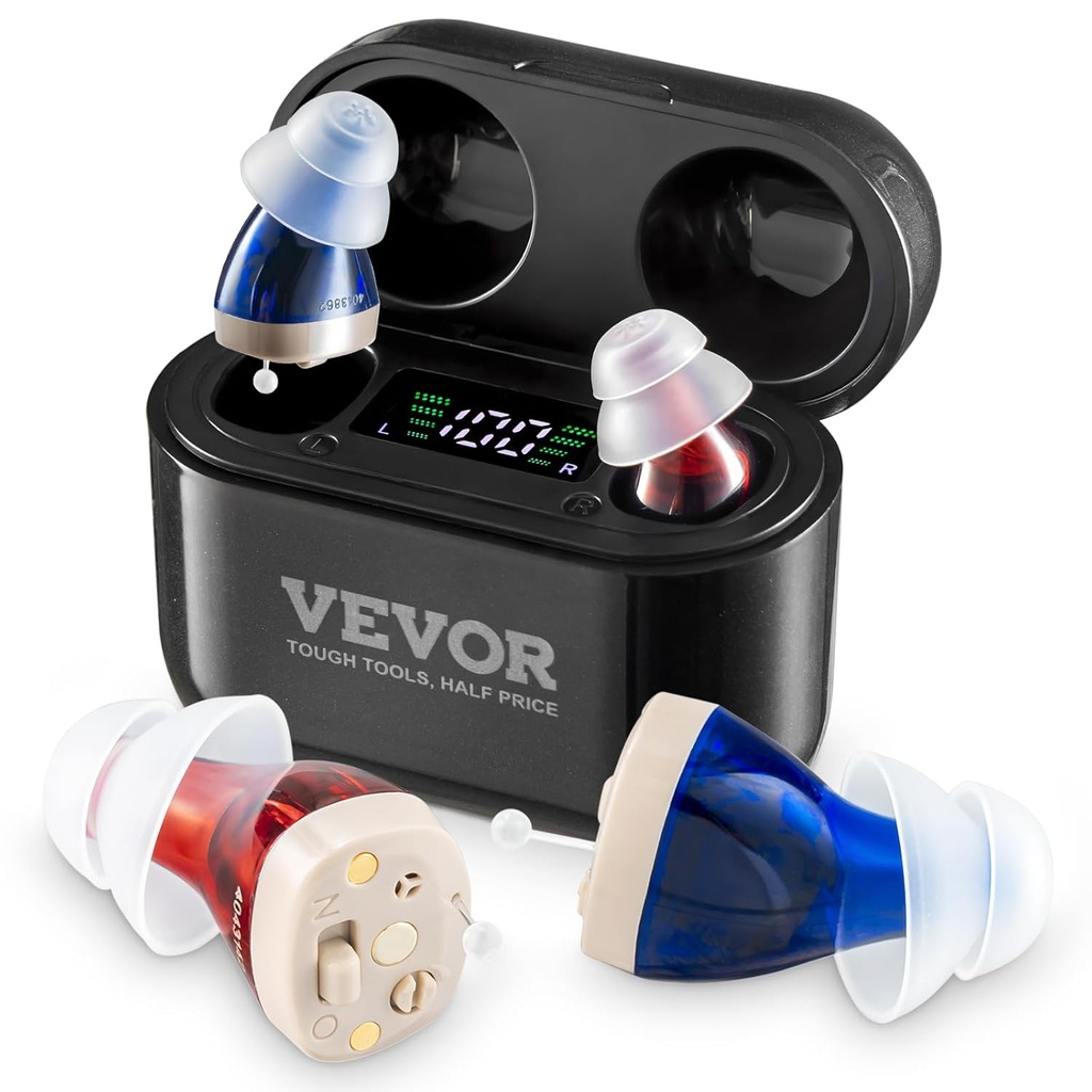 מכשירי שמיעה VEVOR עבור מבוגרים, שמיעה בתשלום מגברות עם Noise Cancelling ו- Volume Control, Digital In-Ear Hearing Assist Device with Charging Case ו- 8 Pair of Ear Domes