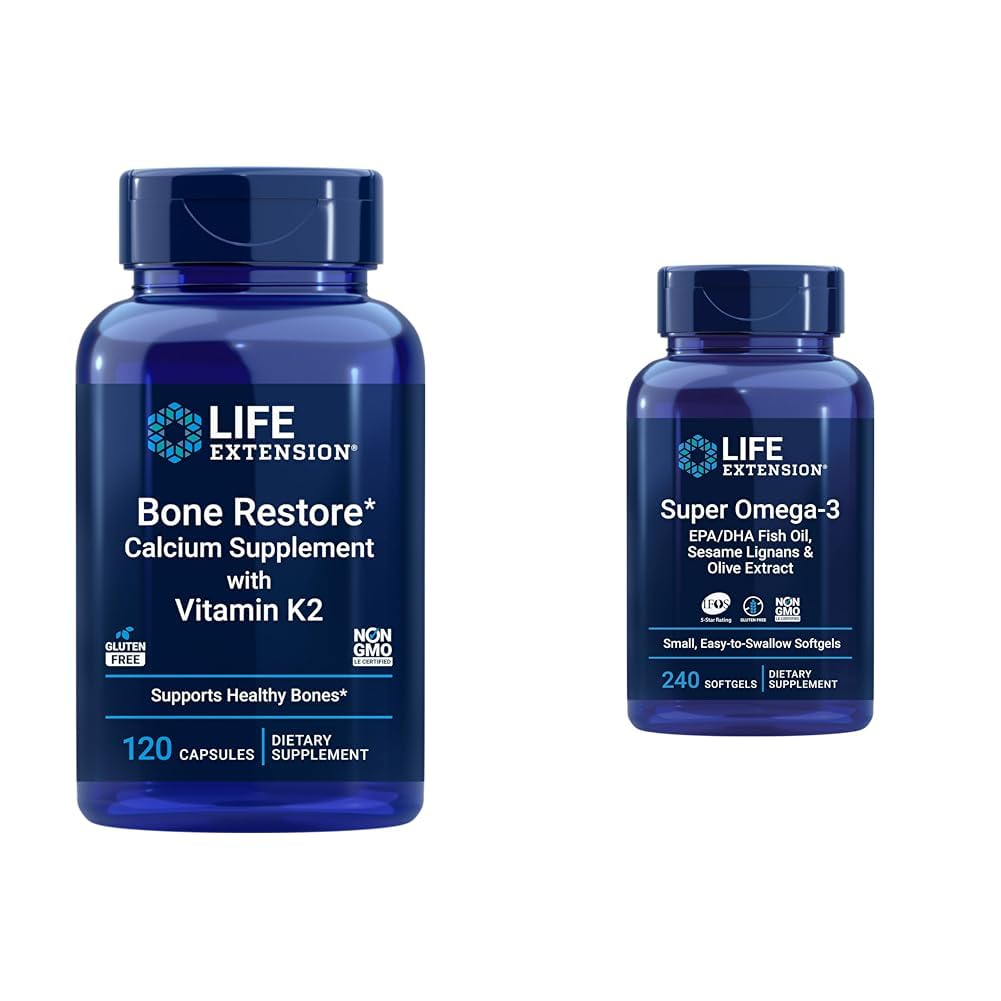 Life Extensionעצמות להחזיר + ויטמין K2 ומינרלים לשמור על בריאות העצם וחוזק & Super אומגה 3 EPA / DHA שמן דגים, Sesame Lignans & אוליב