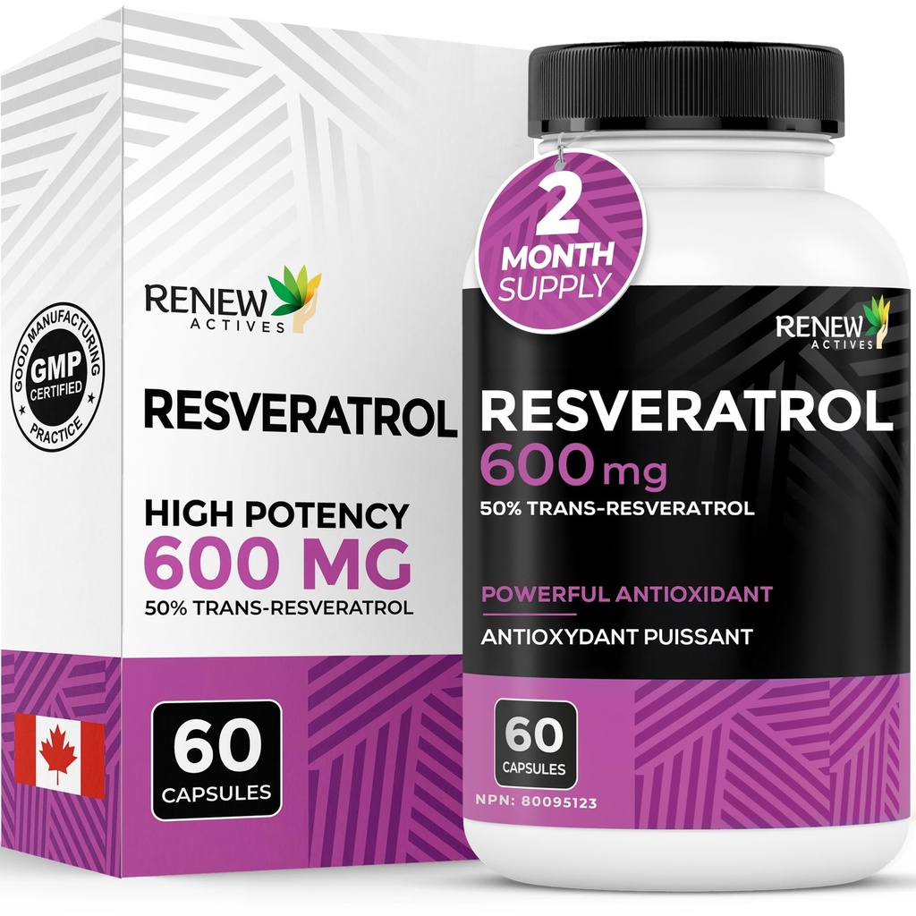 Renew Actives Resveratrol תוספת של 600 מ"ג לשרת - תרכובת Antioxidant Antioxidant עם 50% Trans-Resveratrol - תמיכה בריאות סלולרית & Longevity - Made בקנדה - 60 קפסולות טבעוניות